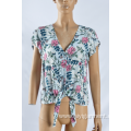 Woman's V-Neck Short-Sleeved Rayon Printed Blouse